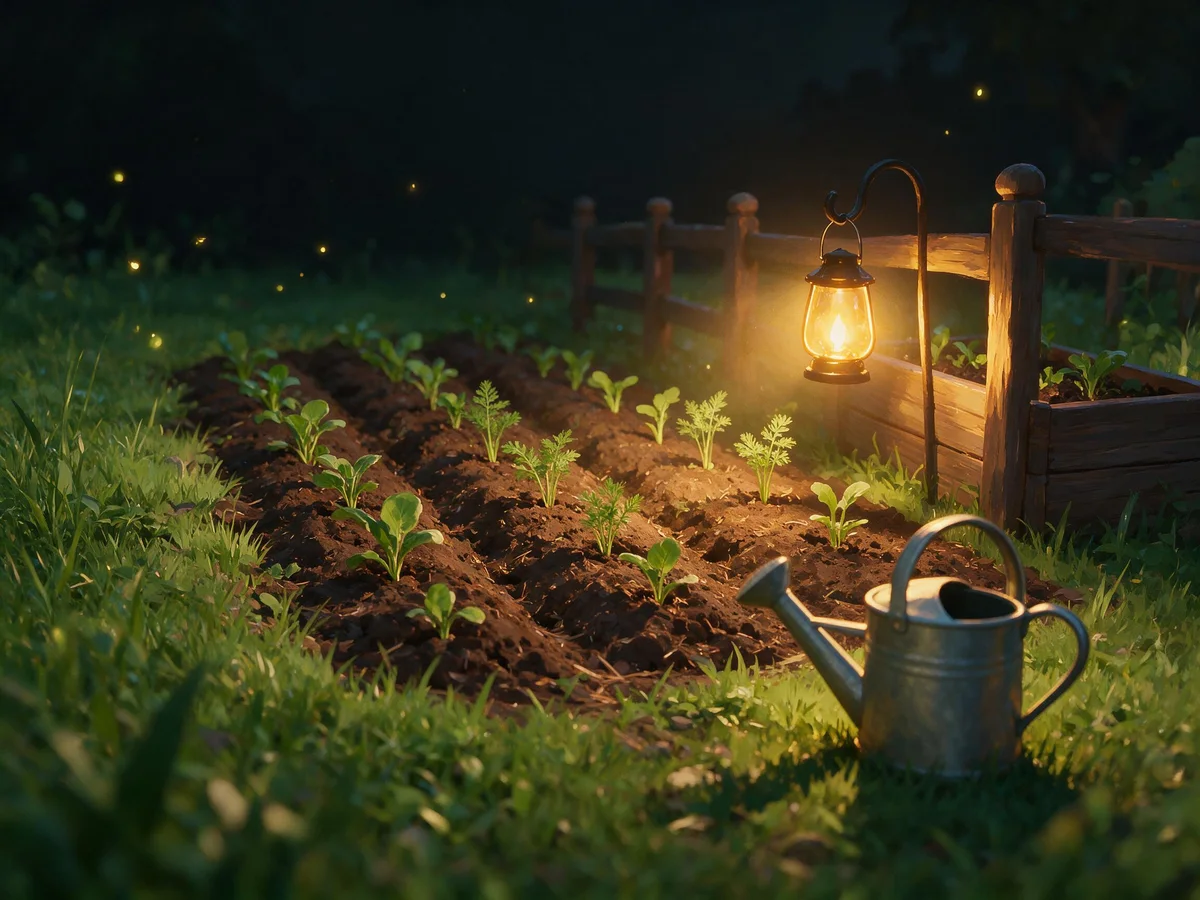 A small starter garden plot with young crops at dusk