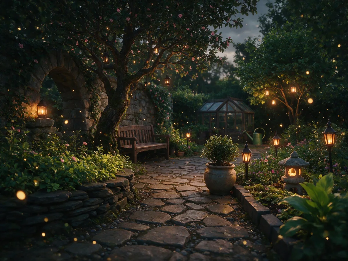 A decorated garden corner with a bench, stone path and lanterns